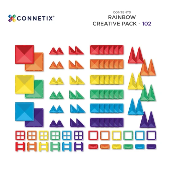 CONNETIX 102-dílná Rainbow Creative Pack – Barevné tvary a komponenty pro stavění hradů, raket, mostů a dalších kreativních projektů pro děti.