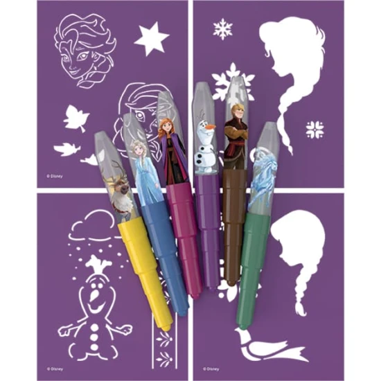 Dětská sada foukacích fixů Ledové království s barevnými šablonami a motivy Elsy a Anny