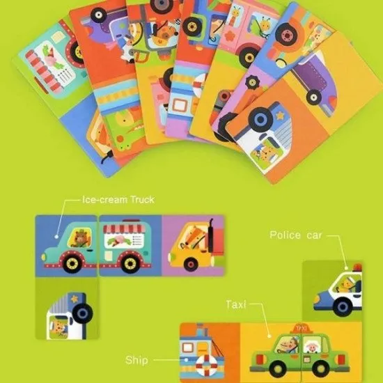 Krásně ilustrované dvojité domino s obrázky dopravních prostředků.