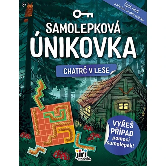 Samolepková únikovka Chatrč v lese – dětský sešit plný úkolů, hádanek a samolepek