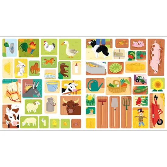 Jiri Models Samolepky pro zvídavé děti Farma Barevná samolepková knížka Farma s obrázky zvířat, strojů a úkoly k vyplnění.