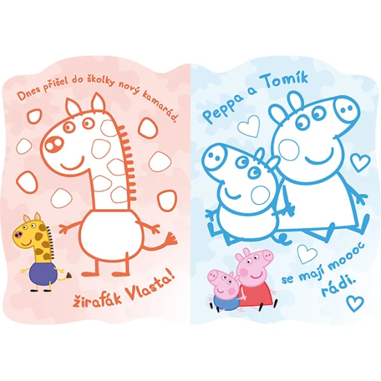 Tvarované omalovánky Peppa Pig obsahují 24 originálně tvarovaných stran s barevnou předlohou a 70 samolepek na ozdobení.