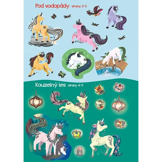 Třpytiví jednorožci Moje první samolepkování je zábavná a kreativní aktivita pro děti, která je plná lesku a magie.