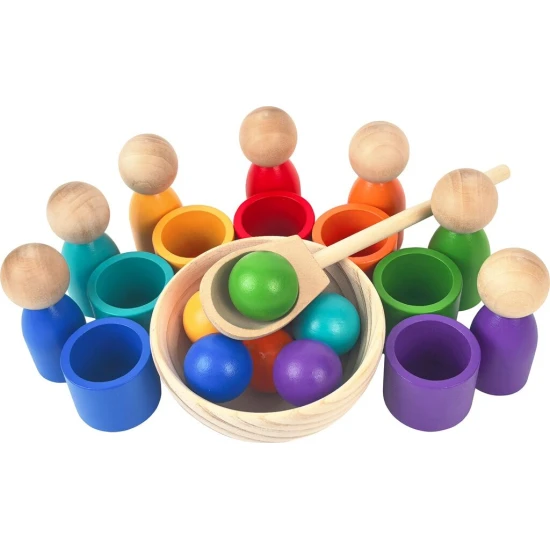 2Kids Toys Panenky s míčky Duhové 7 barev Montessori hra s panáčky, kalíšky, čepičkami a lžící pro rozvoj motorických a vizuálních dovedností u dětí.