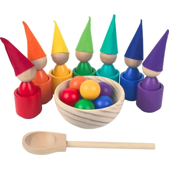 2Kids Toys Panenky s míčky Duhové 7 barev Montessori hra s panáčky, kalíšky, čepičkami a lžící pro rozvoj motorických a vizuálních dovedností u dětí.