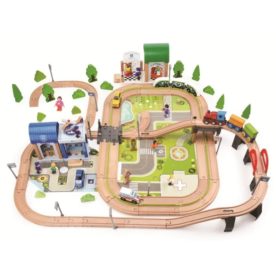 Dřevěná vláčkodráha Město a Vesnice – 200 dílů, koleje, vláčky, most a doplňky