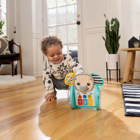 Baby Einstein Hudební slon Válejte se, zkoumejte a učte se s interaktivní plazící hračkou Baby Einstein.