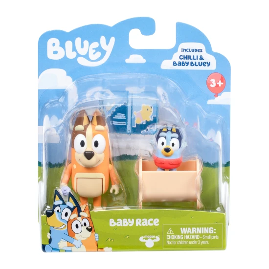 Sada Dětské závody se zábavnými figurkami Chilli a Baby Bluey s kolébkou.