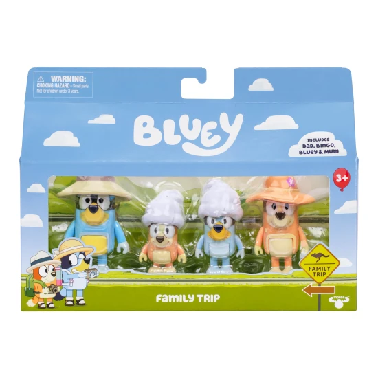 Bluey Rodinný výlet – 4 figurky Bluey, Bingo, Chilli a Bandit připravené pro dovolenou