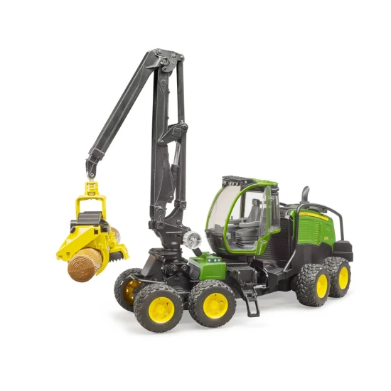 Bruder Bruder John Deere 127OG kombajn s 1 kládou John Deere kombajn 1270 G s otočnou kabinou a pohyblivým jeřábem v lese.