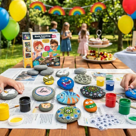 Kreativní sada na malování kamenů s barvami, štětcem, obtisky a fixy, ideální pro tvůrčí projekty pro děti a dospělé.