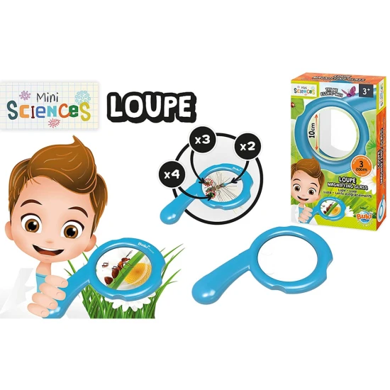 Velká lupa určená pro děti. Hlavní zvětšovací čočka má průměr 9cm a zvětšuje 2x a jsou na ní umístěna 2 pole se zvětšením 3x a 4x. 