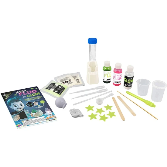 MMEGA pokusy se světélkováním je chemická souprava pro experimentování a výrobu Fluo (zářivých) a Glow (světélkujících) hmot.