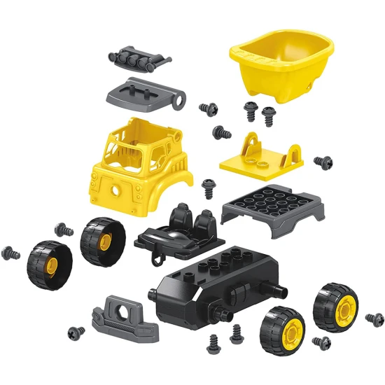 Stavebnice stavebních strojů (2 varianty: bagr a nákladní automobil) na dálkové ovládání, které si dítě sestaví samo. 