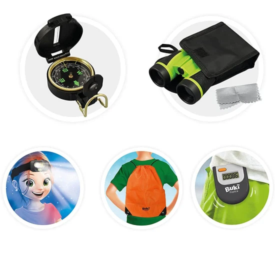 Dětská souprava obsahuje dalekohled s přiblížením 5x, obalem a utěrkou na čočky, kompas, čelovku s LED, krokoměr pro měření fyzické aktivity a vak na záda.
