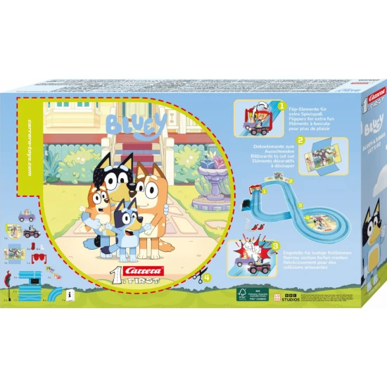 Autodráha Carrera FIRST s autíčky Bluey a Bingo, dětská závodní dráha s rovinkami, zatáčkami a bránkami