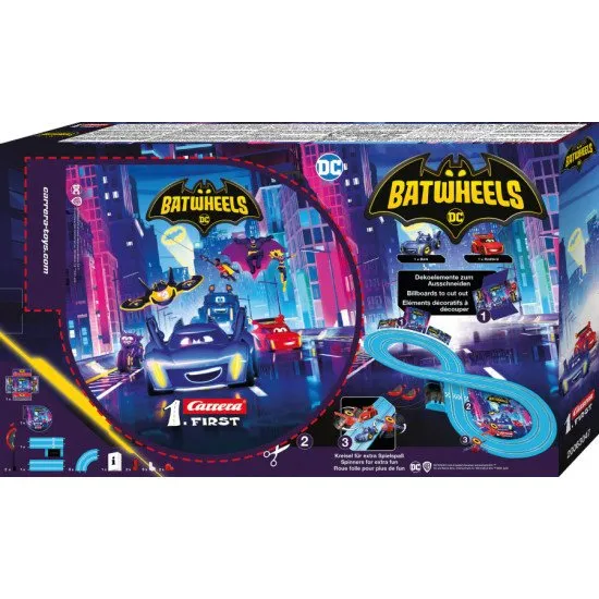 Autodráha Carrera FIRST Batwheels s autíčky BAM a Redbird na vzrušující 2,4 m dlouhé dráze.