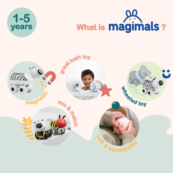 Magnetická zvířátka Magimals Wheely – hračka Zebra a Slon na kolečkách s magnetickými částmi