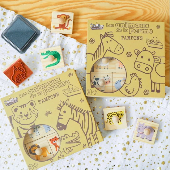 Créa Lign Dřevěná razítka s držákem Savana 9 ks Sada razítek Dřevěná razítka pro děti s držákem Savana Crea Lign