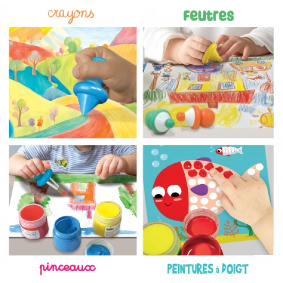 Detská umelecká súprava s štetcami, voskovkami a fixkami, ideálna pre malé deti na rozvoj jemnej motoriky, kreativity a fantázie.