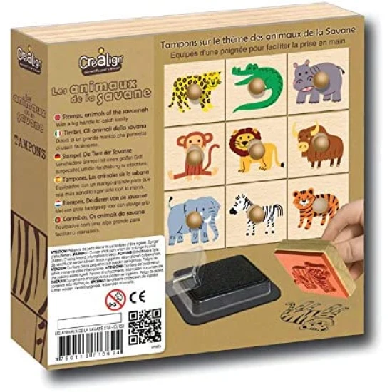 Créa Lign Dřevěná razítka s držákem Savana 9 ks Sada razítek Dřevěná razítka pro děti s držákem Savana Crea Lign