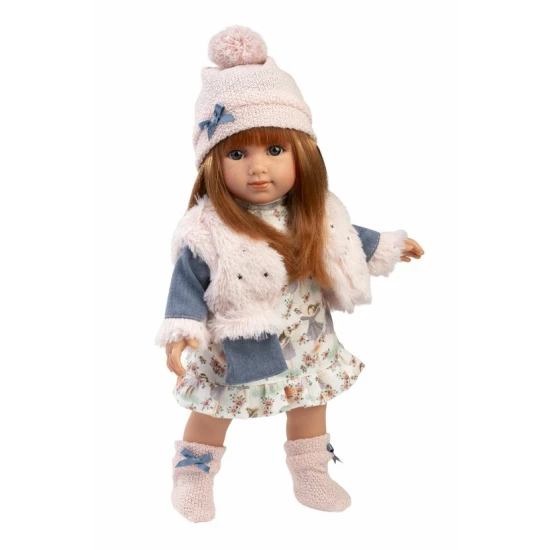 Panenka bez zvuku s měkkým látkovým tělem a vlásky, 35 cm, ručně vyrobená ve Španělsku, dárkové balení.