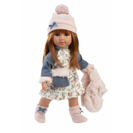 Panenka bez zvuku s měkkým látkovým tělem a vlásky, 35 cm, ručně vyrobená ve Španělsku, dárkové balení.