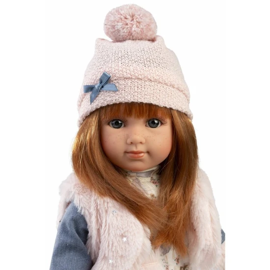 Panenka bez zvuku s měkkým látkovým tělem a vlásky, 35 cm, ručně vyrobená ve Španělsku, dárkové balení.