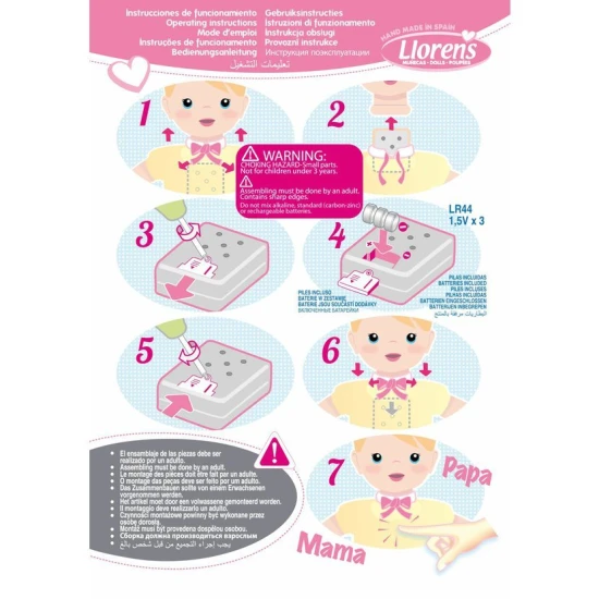 Interaktivní mluvící miminko Llorens 45 cm s realistickými zvuky „mama“ a „papa“.