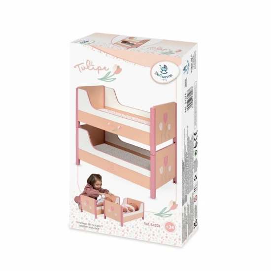 Dřevěná postýlka pro panenky 2 v 1 Tulipe DeCuevas s pastelovými barvami a tulipánovým motivem