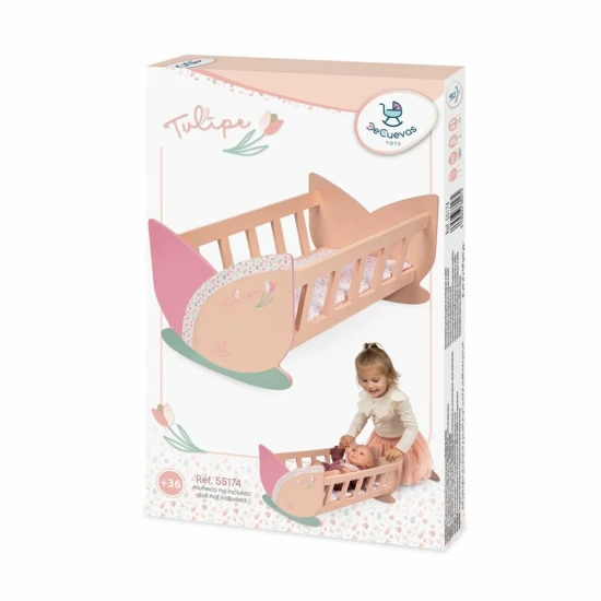 Dřevěná kolébka pro panenky Tulipe DeCuevas s pastelovým designem a motivem tulipánů