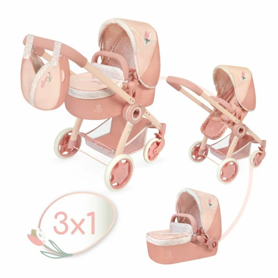 Skládací kočárek DeCuevas pro panenky Tulipe 2025 s odnímatelnou korbičkou a taškou ve tvaru tulipánu