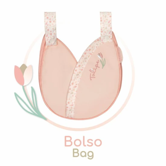 Skládací kočárek DeCuevas pro panenky Tulipe 2025 s odnímatelnou korbičkou a taškou ve tvaru tulipánu