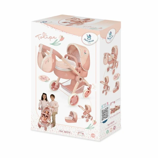 Skládací kočárek DeCuevas pro panenky Tulipe 2025 s odnímatelnou korbičkou a taškou ve tvaru tulipánu