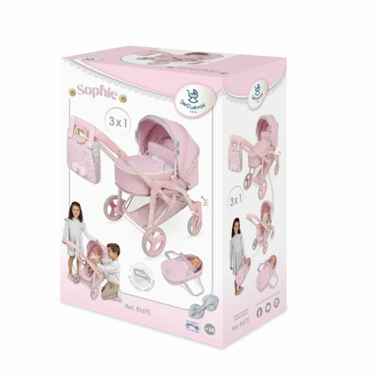 Skládací kočárek pro panenky DeCuevas 81675 3 v 1 s přenosnou taškou z kolekce Sophie 2025 v jemném růžovém designu.