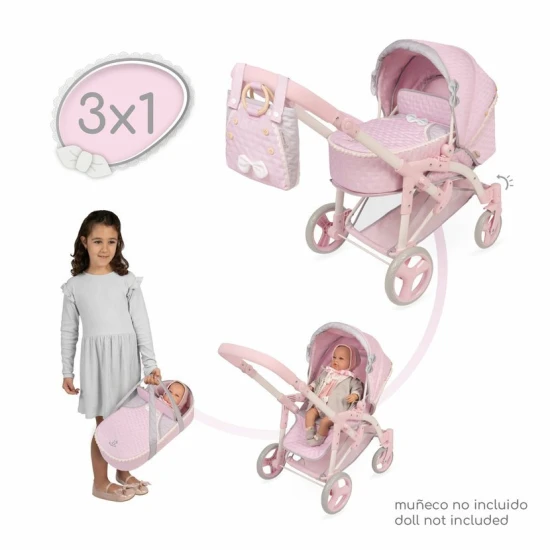 Skládací kočárek pro panenky DeCuevas 81675 3 v 1 s přenosnou taškou z kolekce Sophie 2025 v jemném růžovém designu.