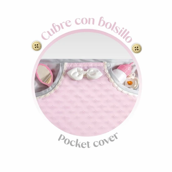 Skládací kočárek pro panenky DeCuevas 81675 3 v 1 s přenosnou taškou z kolekce Sophie 2025 v jemném růžovém designu.