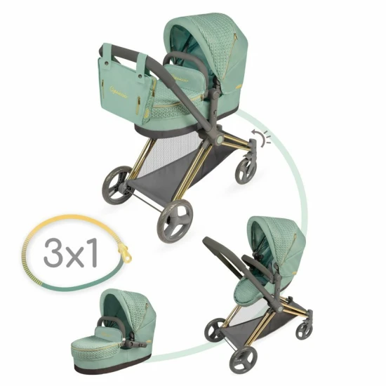 Skládací kočárek pro panenky DeCuevas 81773 Capriccio 2025 v mentolově zelené barvě s odnímatelnou korbičkou a taškou