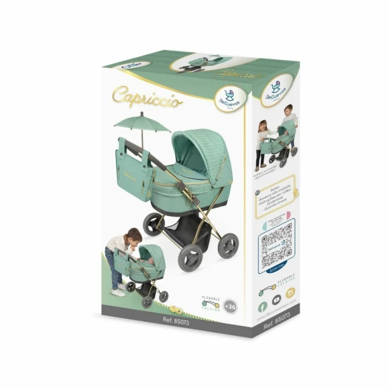 DeCuevas Capriccio 2025 skládací kočárek pro panenky v mentolové barvě s taškou a slunečníkem, výška 60 cm
