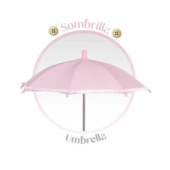 Skládací kočárek pro panenky DeCuevas 85075 se slunečníkem a taškou z kolekce Sophie 2025 v jemných pastelových barvách.