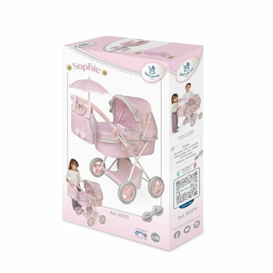 Skládací kočárek pro panenky DeCuevas 85075 se slunečníkem a taškou z kolekce Sophie 2025 v jemných pastelových barvách.