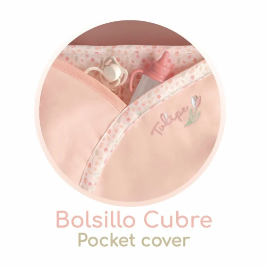 Kočárek pro panenky DeCuevas Tulipe 2025 v pastelových barvách s tulipánovým designem, ideální pro děti od 3 let.