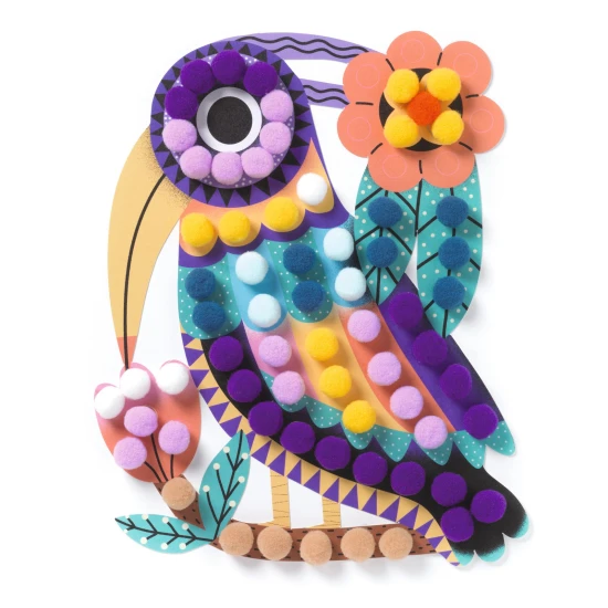 Koláž s bambulkami: Siluetové ptáčci