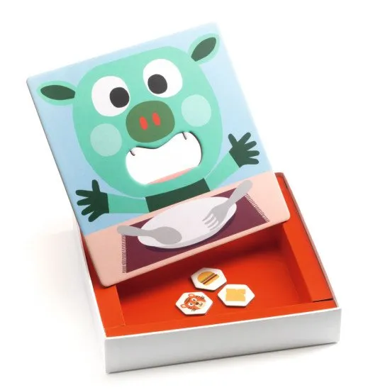 Djeco Hra Bobův oběd Ilustrace kooperativní paměťové hry Bobův oběd s hrací deskou a žetony předmětů.