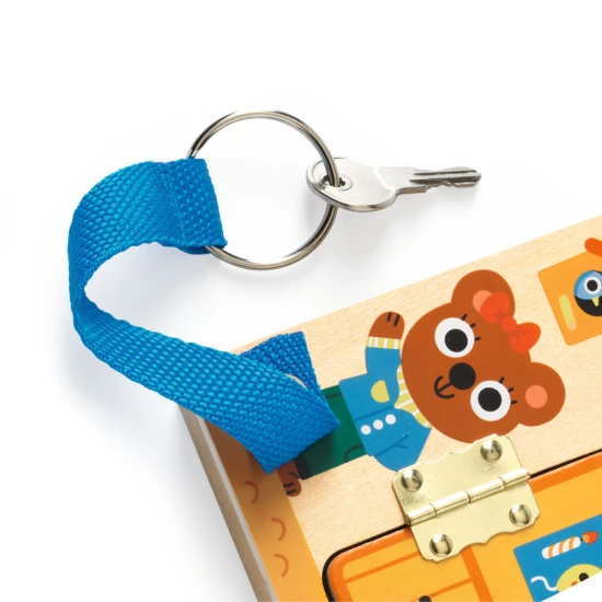 Djeco Hra Cabanalock Domeček se zámky Dřevěná motorická hra pro děti – otevírání zámků a objevování pokojíčků