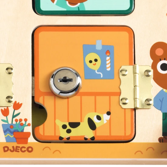 Djeco Hra Cabanalock Domeček se zámky Dřevěná motorická hra pro děti – otevírání zámků a objevování pokojíčků