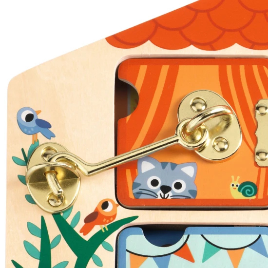 Djeco Hra Cabanalock Domeček se zámky Dřevěná motorická hra pro děti – otevírání zámků a objevování pokojíčků