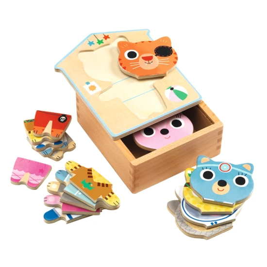 Poskládejte si milou kočičku. Dílky dřevěného puzzle jsou uloženy v dřevěné krabici ve tvaru domečku. 