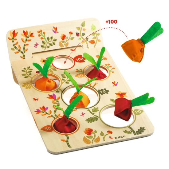 Zručnostní hra Djeco Garden Party – deska s otvory a sáčky