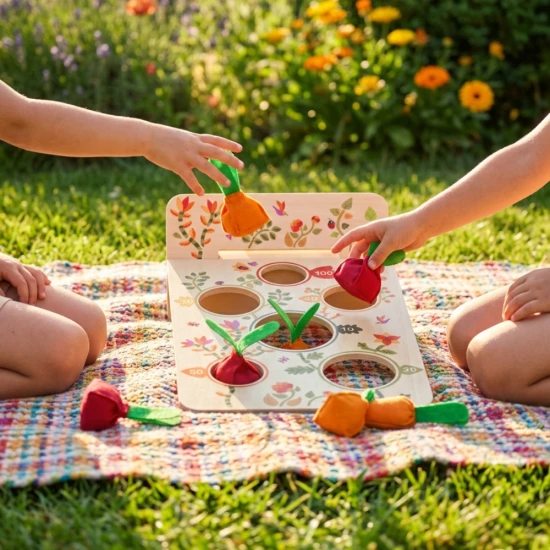 Zručnostní hra Djeco Garden Party – deska s otvory a sáčky